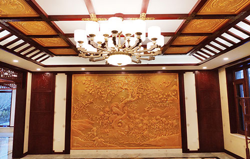 泰和中式别墅客厅中式木作横梁吊顶装饰展示
