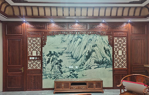 泰和中式仿古别墅客厅背景墙花格木作装饰